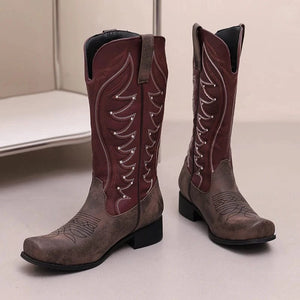 Tvåfärgade Höga Cowboyboots med Fyrkantig Tå för Dam
