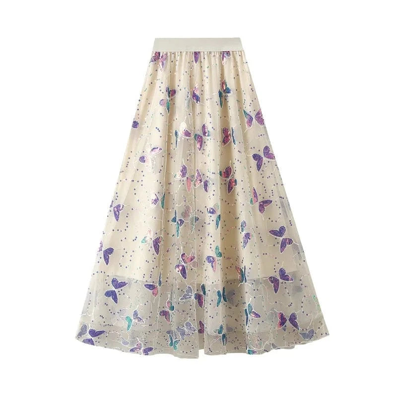 Tyllkjol med glittrande fjärilar Ljusbeige / One Size