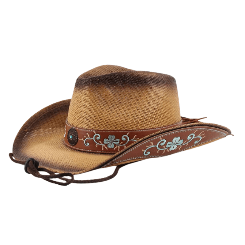 Vintage Stråcowboyhatt med Broderade Detaljer Beige strå / 56-58cm