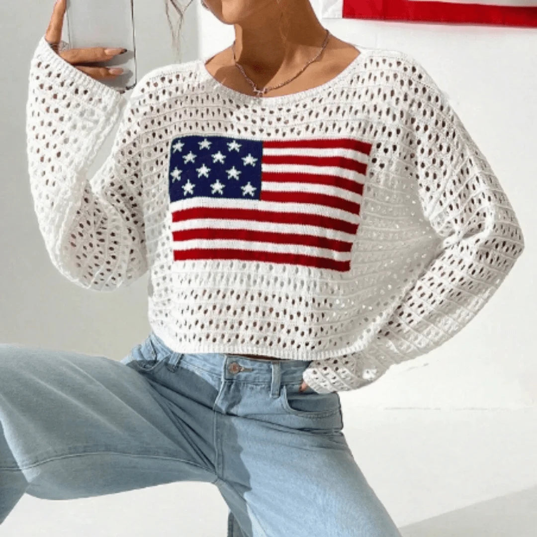 Virkad kort tröja med amerikansk flagga