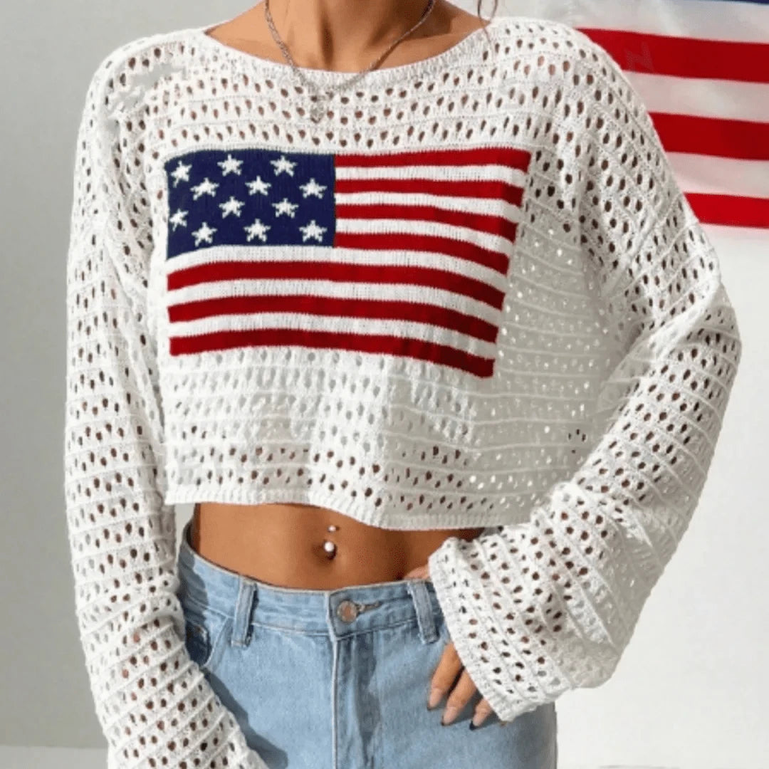 Virkad kort tröja med amerikansk flagga