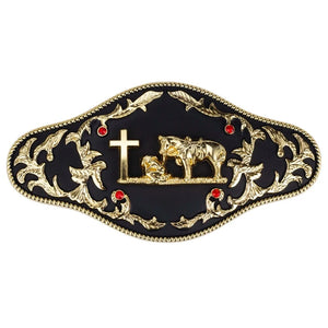 Western Bältesspänne "Böjande Cowboy" med Röda Strass och Guldgravyr Kors och häst