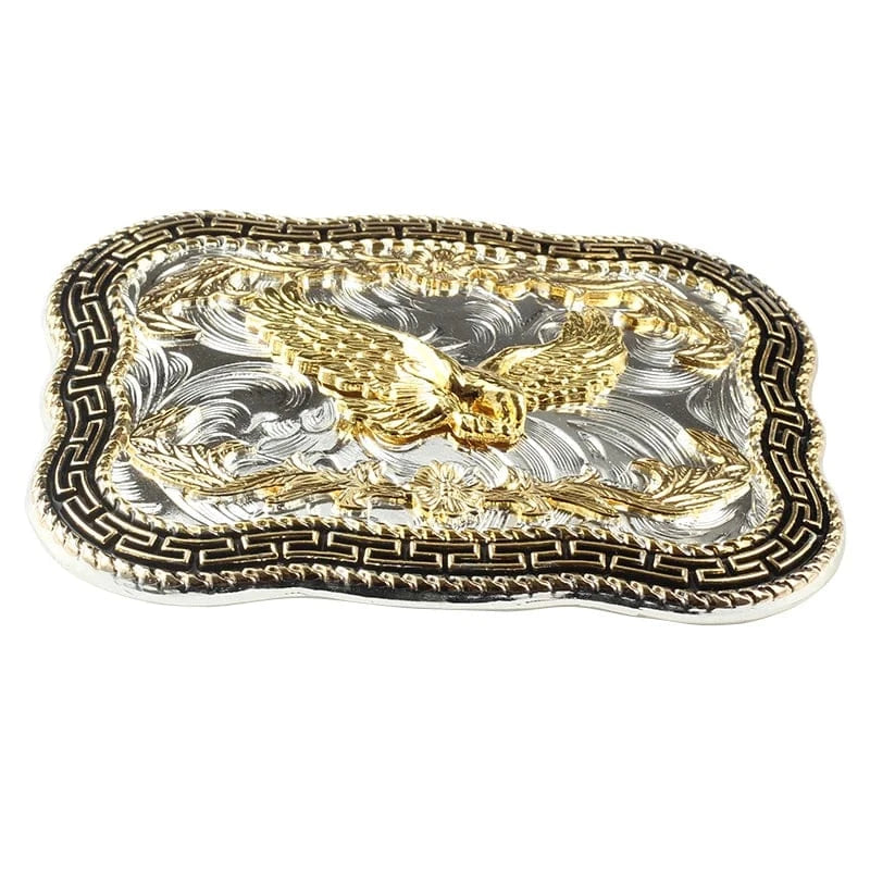 Western Bältesspänne Guldörn med Grekisk Nyckel och Blomgravyr Guld och silver