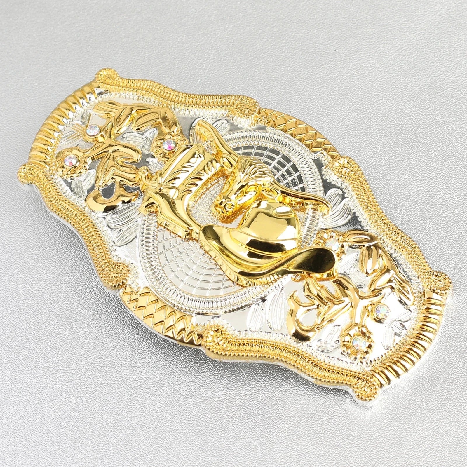 Western Bältesspännen Guld Silver Djurmotiv Vita Strass Blommig Relief