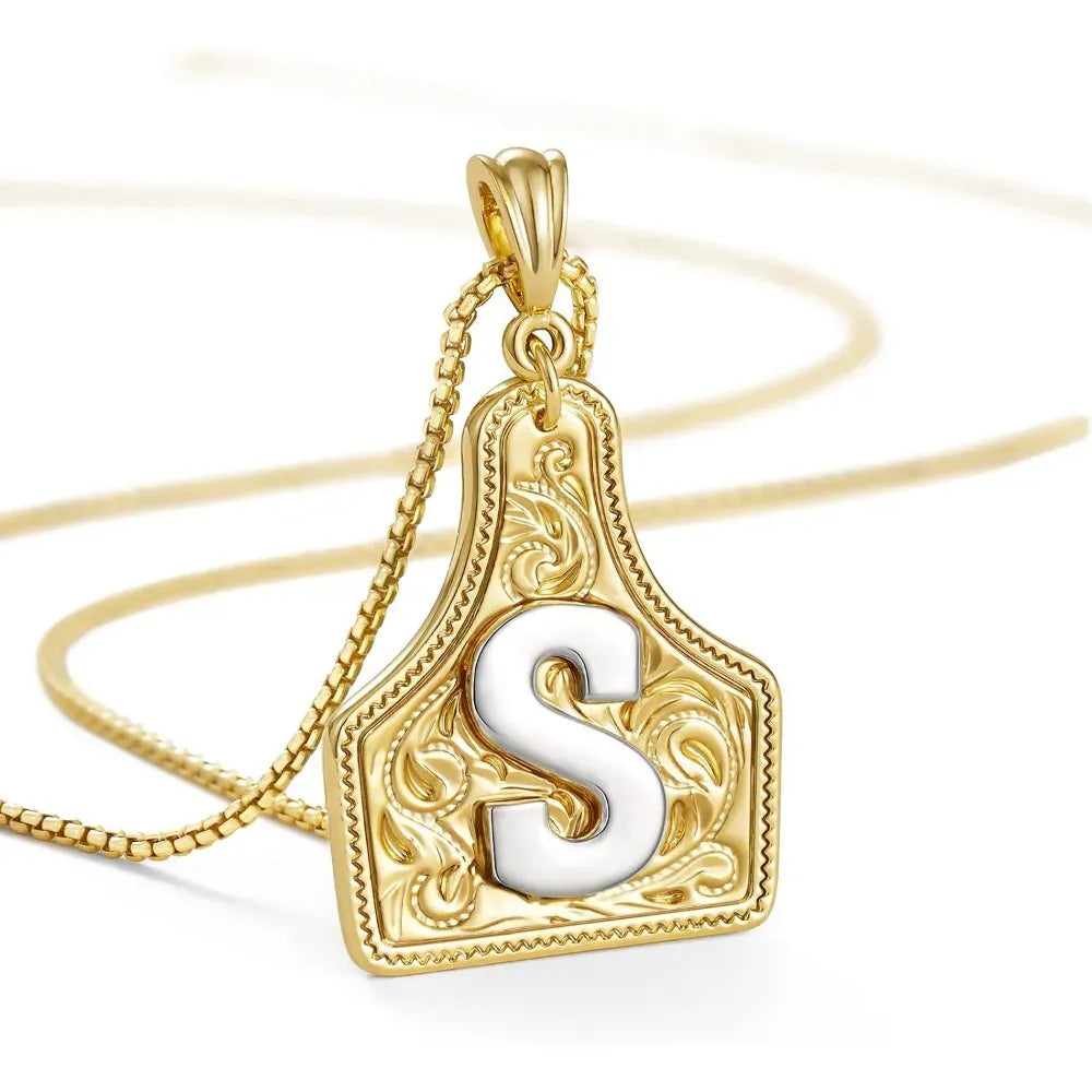 Western Cowgirl Initial Necklace Cowboy A-Z Letter Pendant Necklace for Women Handmade CowTag Two-Toned Jewelry Gift S / With cowboy box