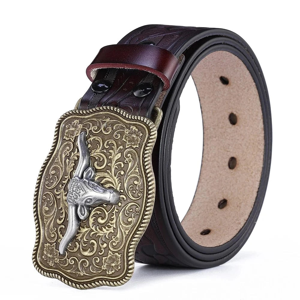 Westernbälte i Äkta Läder med Präglat Motiv och Stora Buckles Brunröd och guld / 110cm