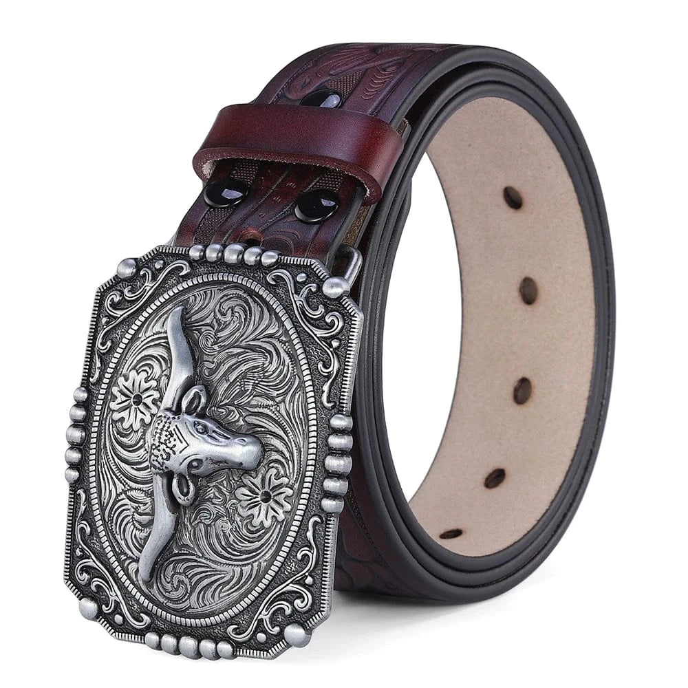 Westernbälte i Äkta Läder med Präglat Motiv och Stora Buckles Brunröd och silver 2 / 110cm