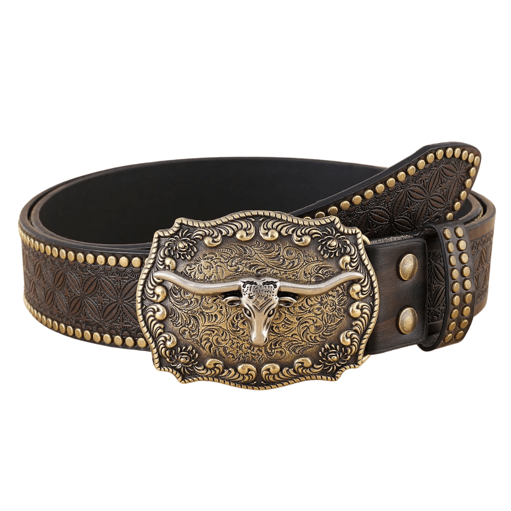 Westernbälte i Präglat läder med Storslagen Buckle Brun-longhorn / 110cm