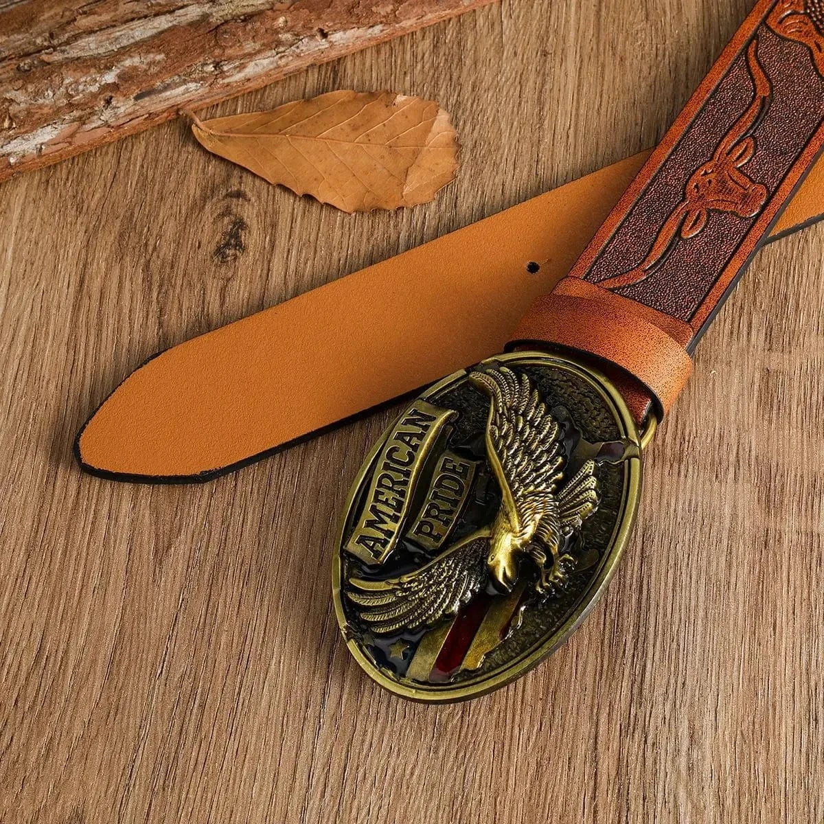 Westernbälte i präglat tläder med djurmotiv och retrospänne