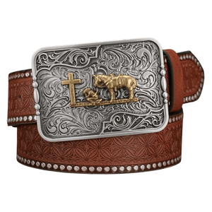 Westernbälte med silverfärgat cowboy prayer Ljusbrun / 120cm