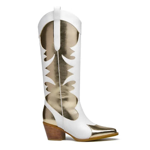Vita Höga Cowgirl Boots med Guldiga Detaljer