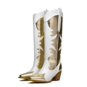Vita Höga Cowgirl Boots med Guldiga Detaljer