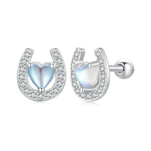 WOSTU 925 Sterling Silver Lucky Horseshoe Stud Earrings For Women Rainbow Moonstone Zircon Ear Clips Pendient Girl Birthday Gift CQE1612