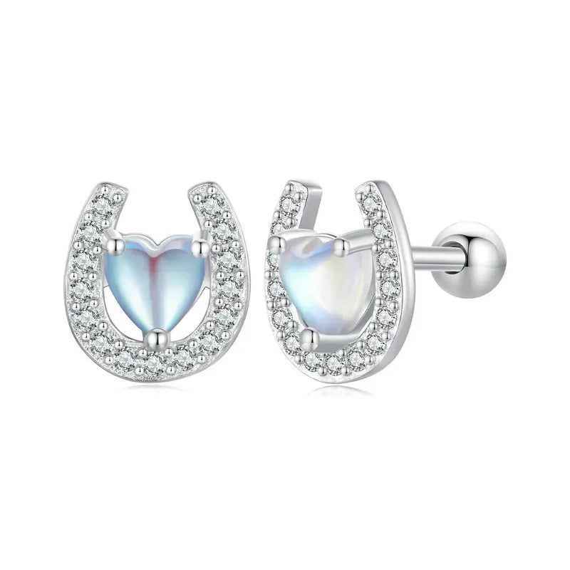 WOSTU 925 Sterling Silver Lucky Horseshoe Stud Earrings For Women Rainbow Moonstone Zircon Ear Clips Pendient Girl Birthday Gift CQE1612